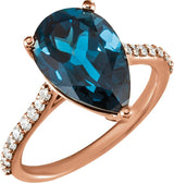 14K Gold Pear Natural London Blue Topaz & Natural Diamond Accented Ring - Rose Gold