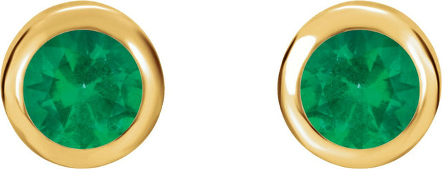 14K Gold Natural Emerald Round Bezel-Set Birthstone Stud Earrings - Yellow Gold - view 4