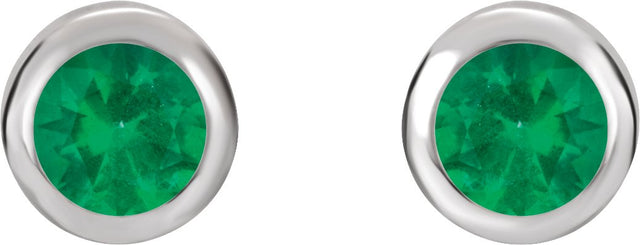 14K Gold Natural Emerald Round Bezel-Set Birthstone Stud Earrings - White Gold - view 4
