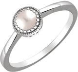 14K Gold Cultured White Freshwater Pearl Milgrain Bezel-Set Solitaire Birthstone Ring - White Gold