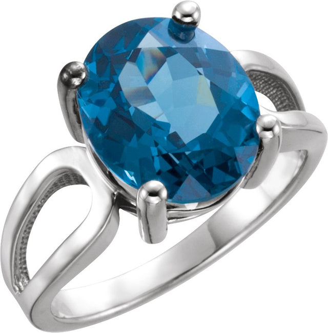 14K Gold Oval Natural London Blue Topaz Solitaire Ring - White Gold