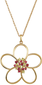 14K Gold Round Natural Peridot & Natural Pink Tourmaline Flower Necklace or Pendant - White Gold