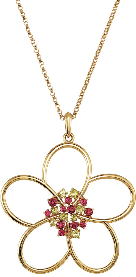 14K Gold Round Natural Peridot & Natural Pink Tourmaline Flower Necklace or Pendant - White Gold