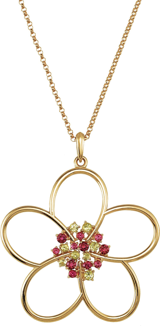 14K Gold Round Natural Peridot & Natural Pink Tourmaline Flower Necklace or Pendant - White Gold