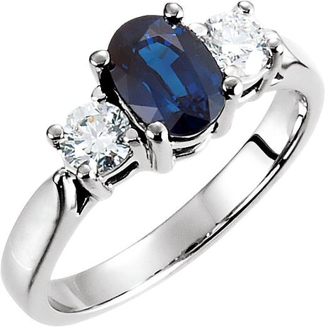 14K Gold Oval Natural Blue Sapphire & Natural Diamond Three-Stone Ring