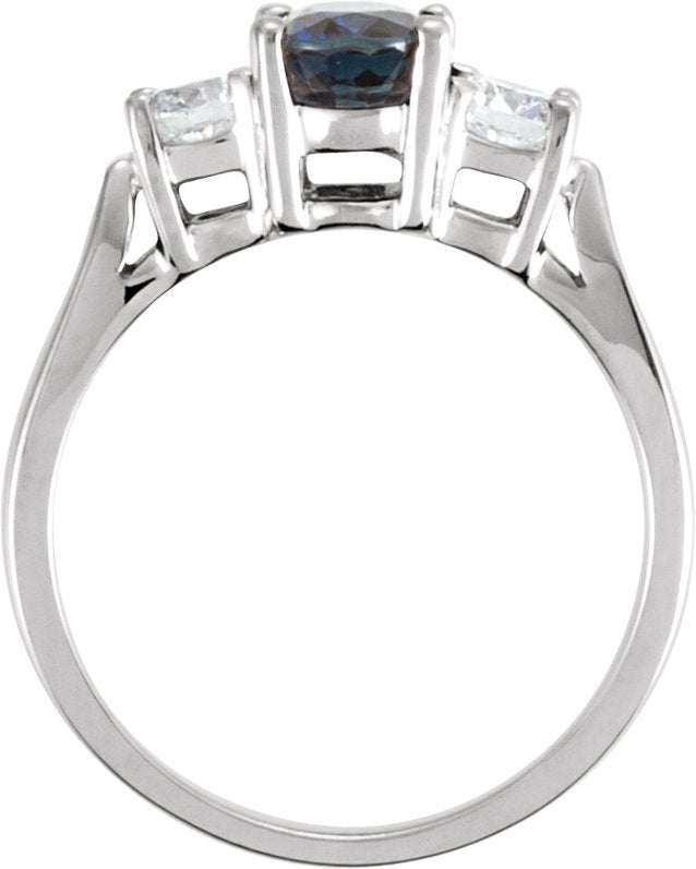 14K Gold Oval Natural Blue Sapphire & Natural Diamond Three-Stone Ring - view 2