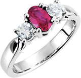 14K Gold Oval Natural Ruby & Natural Diamond Three-Stone Ring