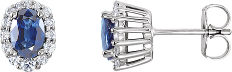 14K Gold Oval Natural Blue Sapphire & Natural Diamond Halo-Style Earrings – 6x4mm