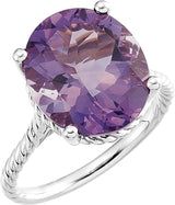 14K Gold Oval Natural Amethyst Rope Ring - White Gold