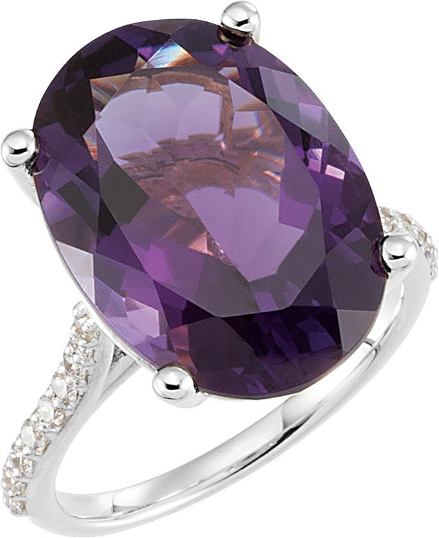 14K Gold Oval Natural Amethyst & Natural Diamond Accented Ring – 18x13mm - White Gold