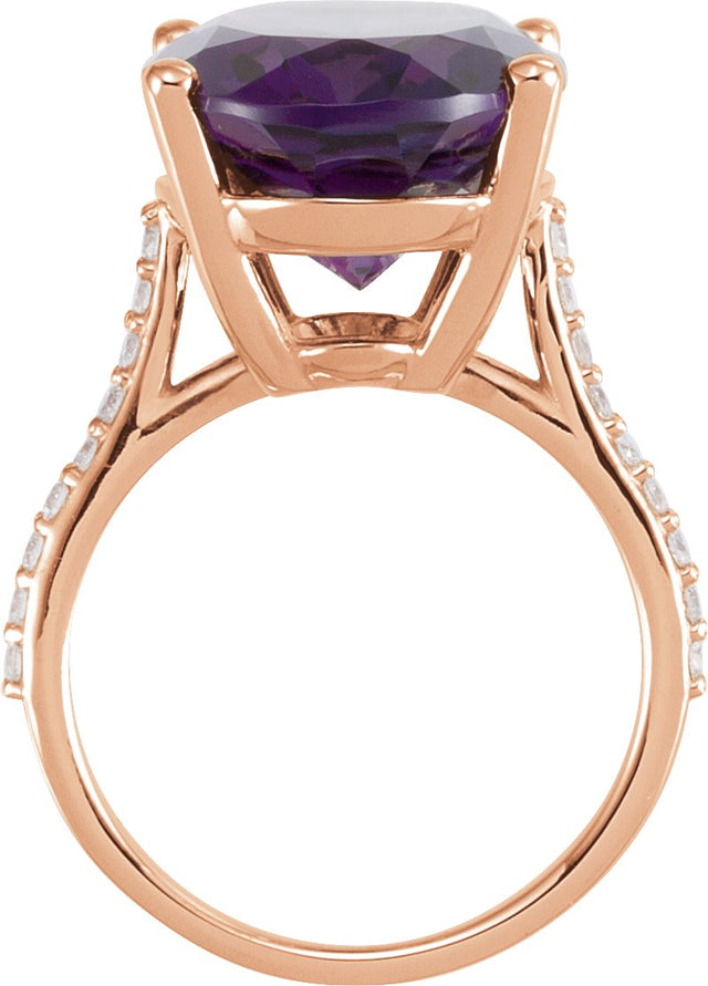 14K Gold Oval Natural Amethyst & Natural Diamond Accented Ring – 18x13mm - Rose Gold - view 2