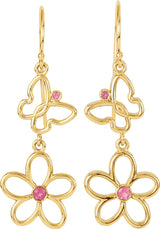 14K Gold Round Natural Pink Tourmaline Butterfly & Floral Earrings