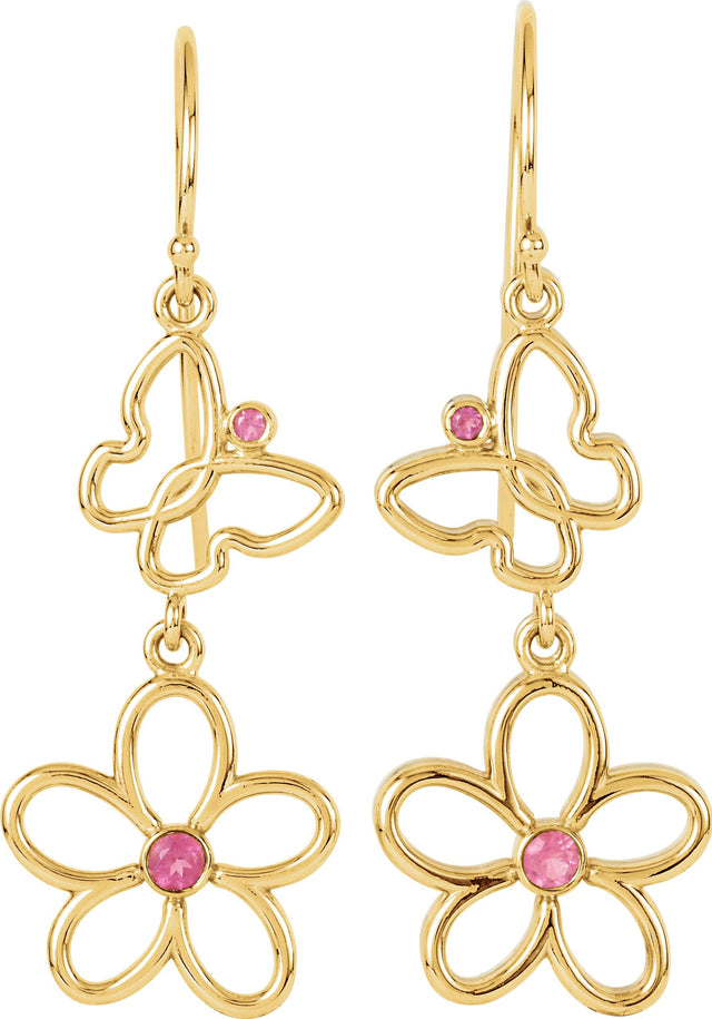 14K Gold Round Natural Pink Tourmaline Butterfly & Floral Earrings