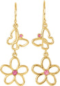 14K Gold Round Natural Pink Tourmaline Butterfly & Floral Earrings