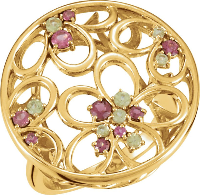 14K Gold Round Natural Pink Tourmaline & Natural Peridot Floral Ring