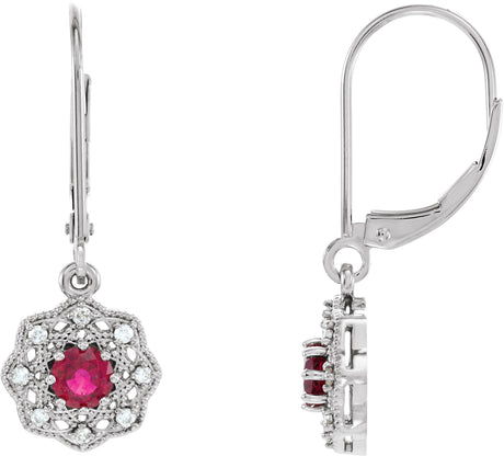 14K Gold Round Natural Ruby & Natural Diamond Vintage-Inspired Earrings