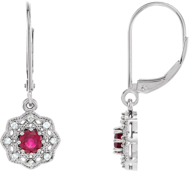 14K Gold Round Natural Ruby & Natural Diamond Vintage-Inspired Earrings