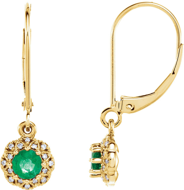 14K Gold Round Natural Emerald & Natural Diamond Vintage-Inspired Earrings - Yellow Gold