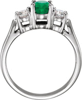 Platinum Oval Natural Emerald & Natural Diamond Three-Stone Ring - view 2