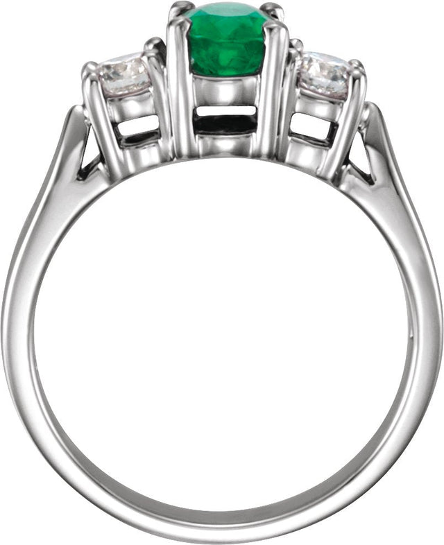 Platinum Oval Natural Emerald & Natural Diamond Three-Stone Ring - view 2