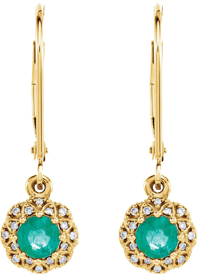 14K Gold Round Natural Emerald & Natural Diamond Vintage-Inspired Earrings - White Gold - view 3