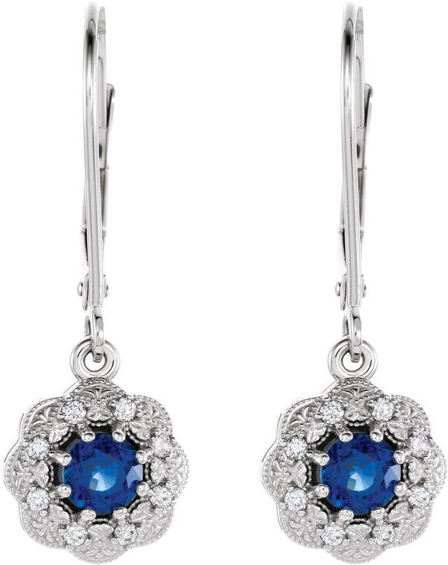 14K Gold Round Natural Blue Sapphire & Natural Diamond Vintage-Inspired Earrings – 4.1mm Stones - view 2