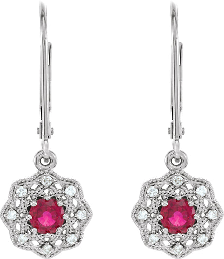 14K Gold Round Natural Ruby & Natural Diamond Vintage-Inspired Earrings - view 2