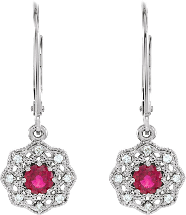 14K Gold Round Natural Ruby & Natural Diamond Vintage-Inspired Earrings - view 2