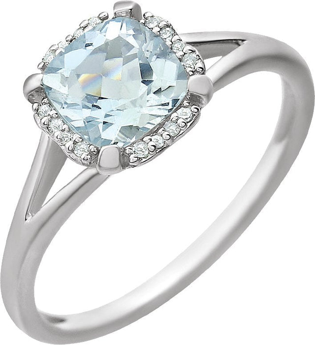 14K Gold Cushion Natural Aquamarine & Natural Diamond Halo-Style Birthstone Ring