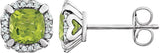 14K Gold Natural Peridot & Natural Diamond Cushion 4-Prong Halo-Style Birthstone Earrings