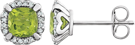 14K Gold Natural Peridot & Natural Diamond Cushion 4-Prong Halo-Style Birthstone Earrings