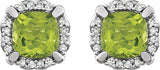 14K Gold Natural Peridot & Natural Diamond Cushion 4-Prong Halo-Style Birthstone Earrings - view 2