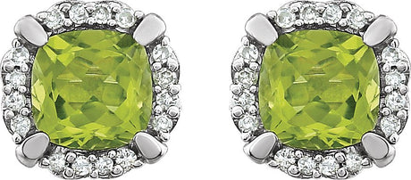 14K Gold Natural Peridot & Natural Diamond Cushion 4-Prong Halo-Style Birthstone Earrings - view 2