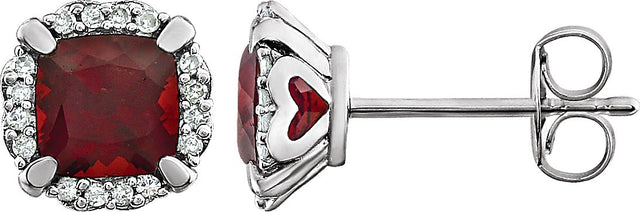 14K Gold Natural Mozambique Garnet & Natural Diamond Cushion 4-Prong Halo-Style Birthstone Earrings – 5x5mm
