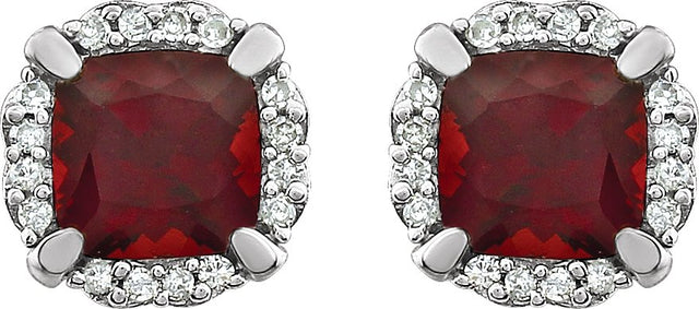 14K Gold Natural Mozambique Garnet & Natural Diamond Cushion 4-Prong Halo-Style Birthstone Earrings – 5x5mm - view 2