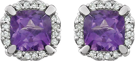 14K Gold Natural Amethyst & Natural Diamond Cushion 4-Prong Halo-Style Birthstone Earrings – 5x5mm - view 2