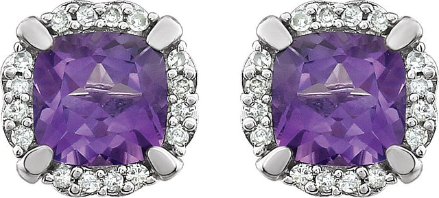 14K Gold Natural Amethyst & Natural Diamond Cushion 4-Prong Halo-Style Birthstone Earrings – 5x5mm - view 2
