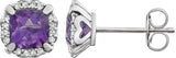 14K Gold Natural Amethyst & Natural Diamond Cushion 4-Prong Halo-Style Birthstone Earrings – 5x5mm