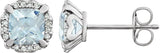 14K Gold Natural Aquamarine & Natural Diamond Cushion 4-Prong Halo-Style Birthstone Earrings