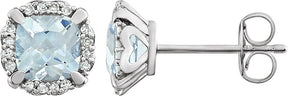 14K Gold Natural Aquamarine & Natural Diamond Cushion 4-Prong Halo-Style Birthstone Earrings