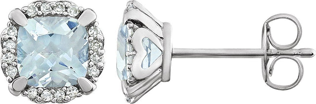 14K Gold Natural Aquamarine & Natural Diamond Cushion 4-Prong Halo-Style Birthstone Earrings