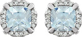 14K Gold Natural Aquamarine & Natural Diamond Cushion 4-Prong Halo-Style Birthstone Earrings - view 2