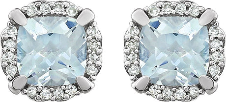 14K Gold Natural Aquamarine & Natural Diamond Cushion 4-Prong Halo-Style Birthstone Earrings - view 2