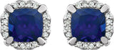 14K Gold Lab-Grown Blue Sapphire & Natural Diamond Cushion 4-Prong Halo-Style Birthstone Earrings – 5x5mm - view 2