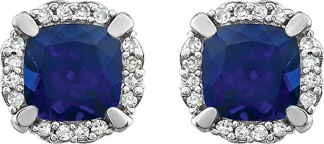 14K Gold Lab-Grown Blue Sapphire & Natural Diamond Cushion 4-Prong Halo-Style Birthstone Earrings – 5x5mm - view 2