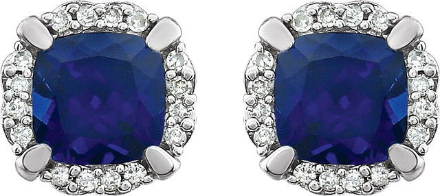 14K Gold Lab-Grown Blue Sapphire & Natural Diamond Cushion 4-Prong Halo-Style Birthstone Earrings – 5x5mm - view 2