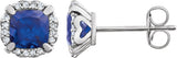 14K Gold Lab-Grown Blue Sapphire & Natural Diamond Cushion 4-Prong Halo-Style Birthstone Earrings – 5x5mm