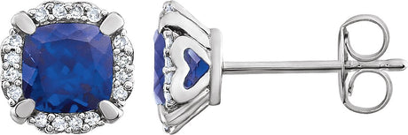 14K Gold Lab-Grown Blue Sapphire & Natural Diamond Cushion 4-Prong Halo-Style Birthstone Earrings – 5x5mm