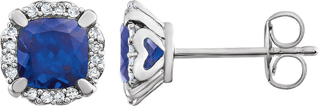 14K Gold Lab-Grown Blue Sapphire & Natural Diamond Cushion 4-Prong Halo-Style Birthstone Earrings – 5x5mm