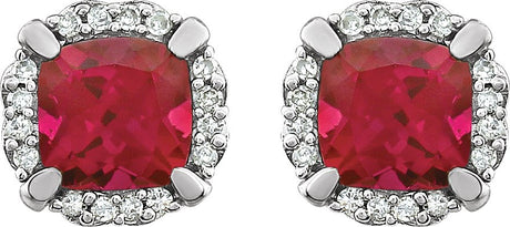 14K Gold Lab-Grown Ruby & Natural Diamond Cushion 4-Prong Halo-Style Birthstone Earrings - view 2
